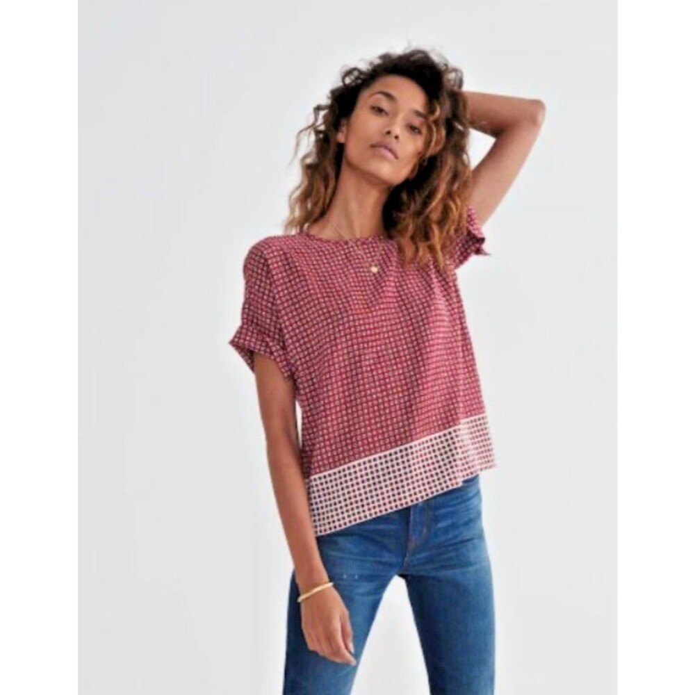Madewell Silk Premiere Bow Back Top Sz XS Maroon Red Geometric Ascot Tile Print
